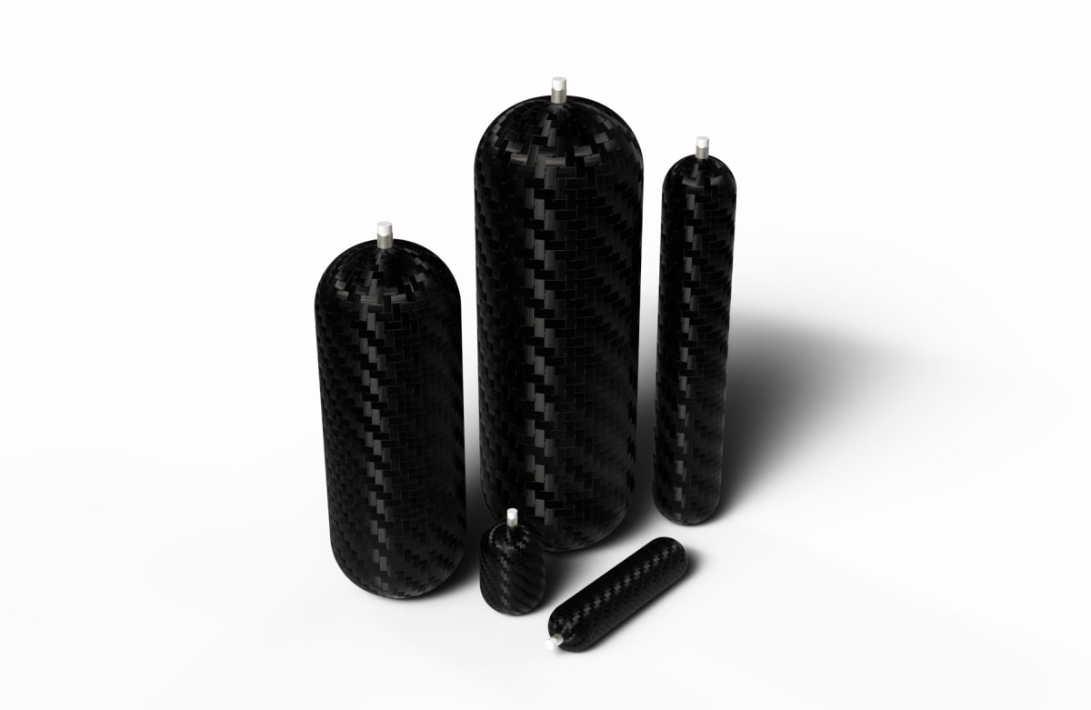 Carbon composite cylinders in various sizes ideally suited for use as fuel tanks for satellite and space propulsion systems